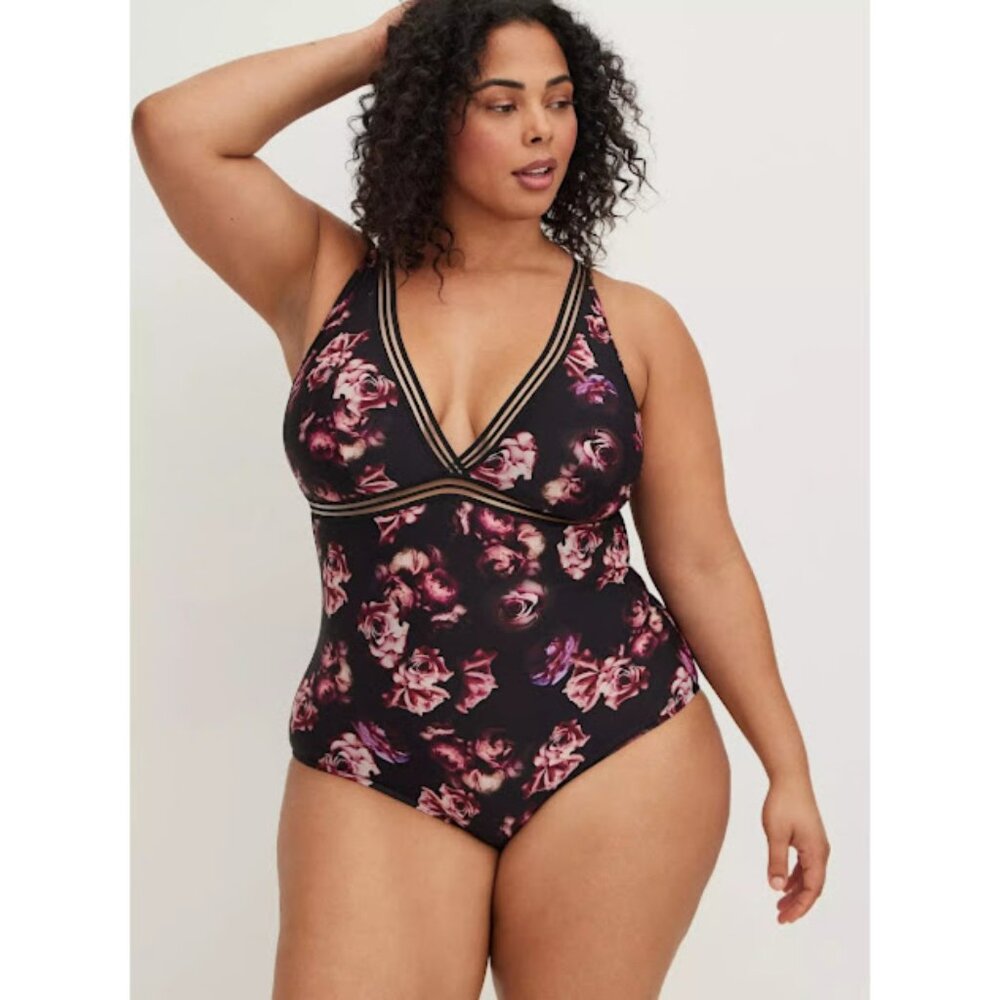 Torrid Dark Floral Wireless Inset One Piece Swimsuit Sz 3X Plunge Neck Mesh UPF